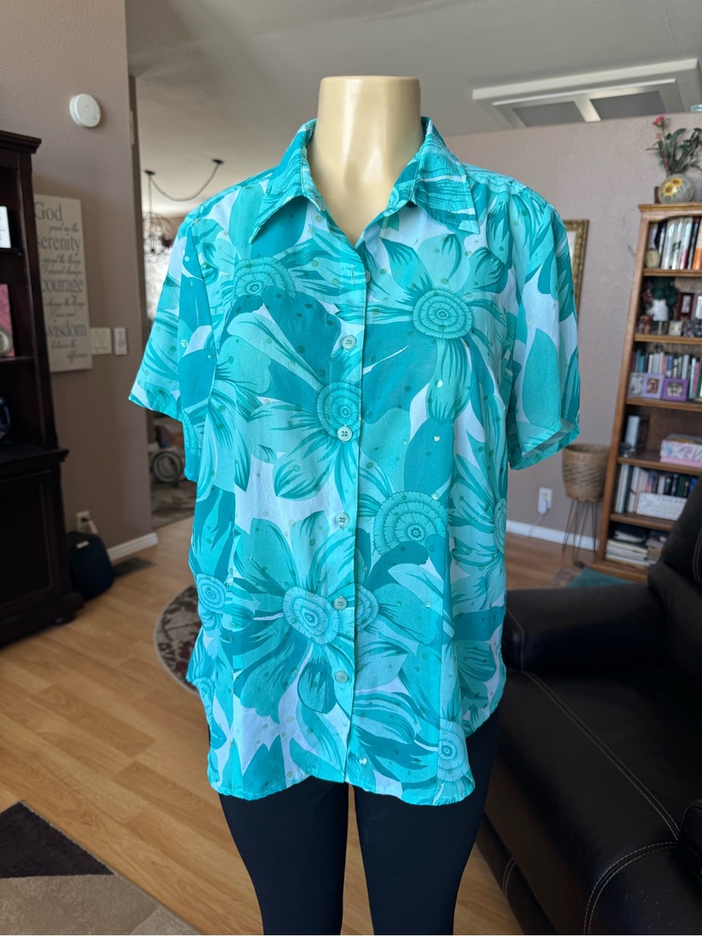 Lemon Grass Studio sheer blue & green button up blouse-size XL